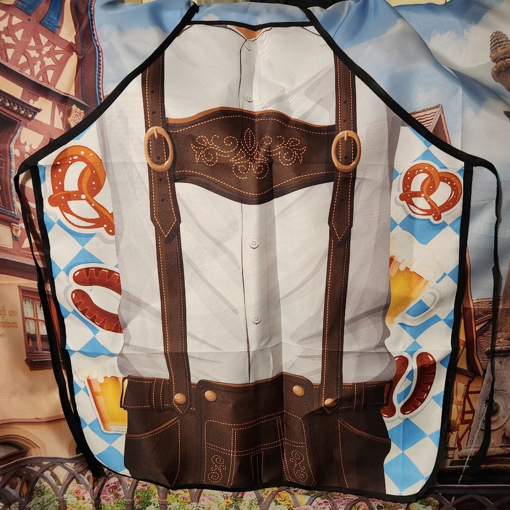 Oktoberfest Brown Lederhosen Apron with Pretzel Beer Print Men's German Costume